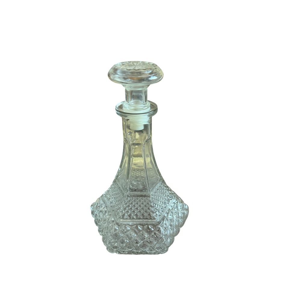 Vintage Clear Pressed Glass Decanter Diamond Point Hexagon Barware with Stopper